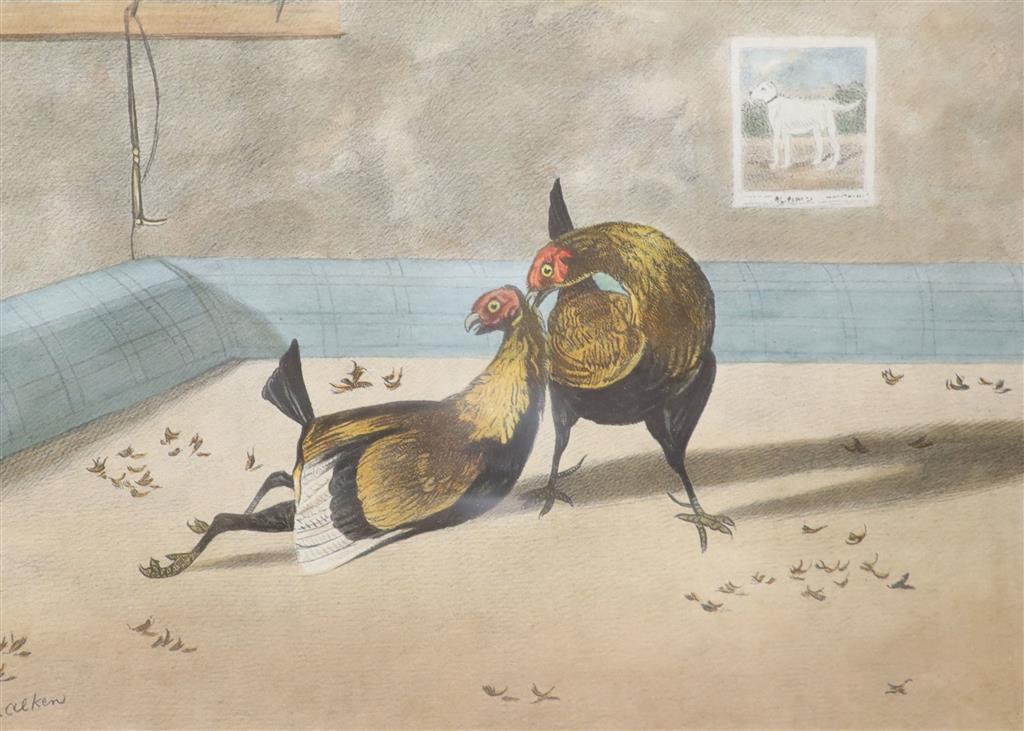 After Henry Alken, set of four coloured lithographs, Cock fighting scenes, 19 x 27cm